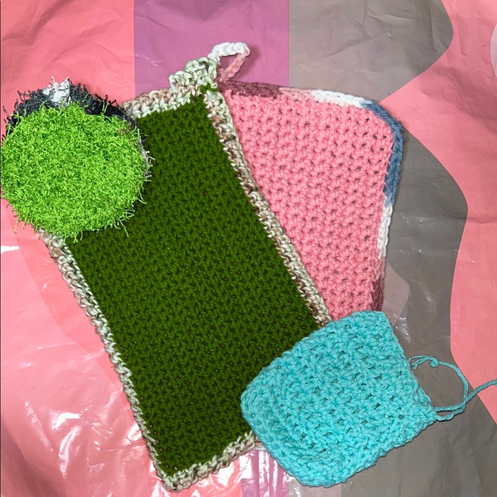 Colorful handmade Crochet Dishcloth Set with scrubby & draw string soap bag.